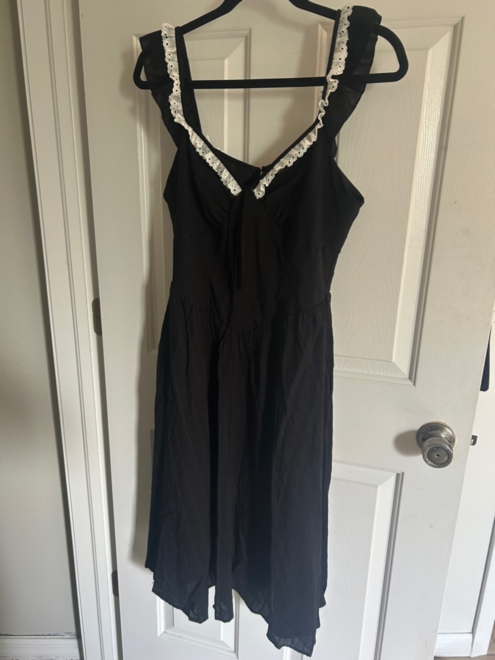 Unique Vintage Black Midi Dress with White Lace Trim